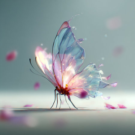 Beautiful butterfly with beautiful wings and flower petals. 3d renderingの素材