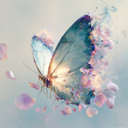 Butterfly with flower petals in watercolor style. Digital painting.の素材