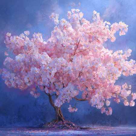 Beautiful pink cherry blossom tree on blue background. 3D renderingの素材