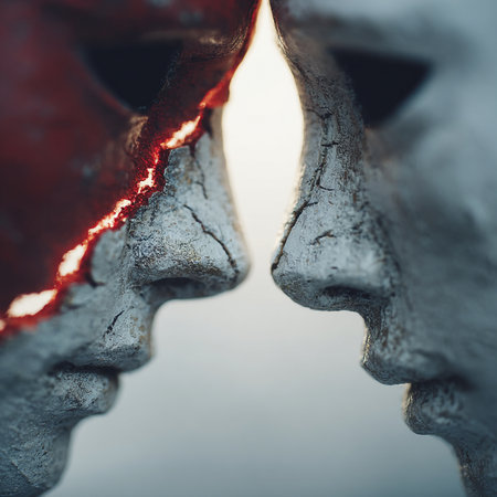 Two human heads made of metal and painted with red paint. Conceptual image.の素材