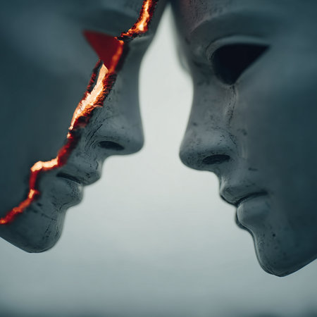 Man and woman face profiles with red light, conceptual image of depression and sadnessの素材