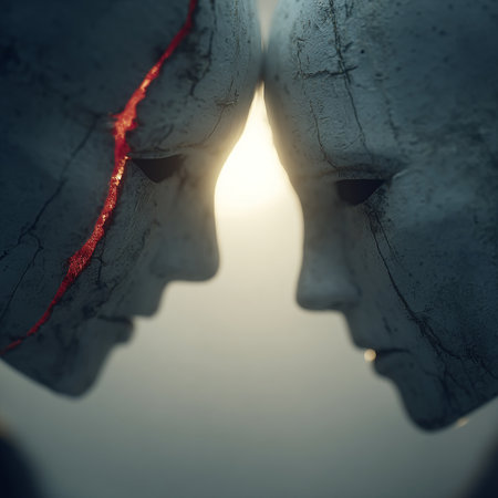 Heads of man and woman with red light. Conceptual photoの素材