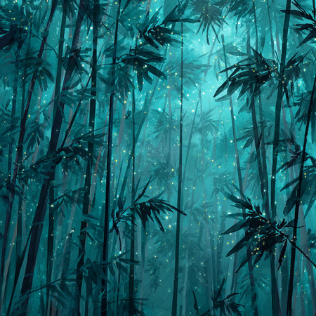 Tropical forest with palm trees and night lights. Vector illustration.の素材