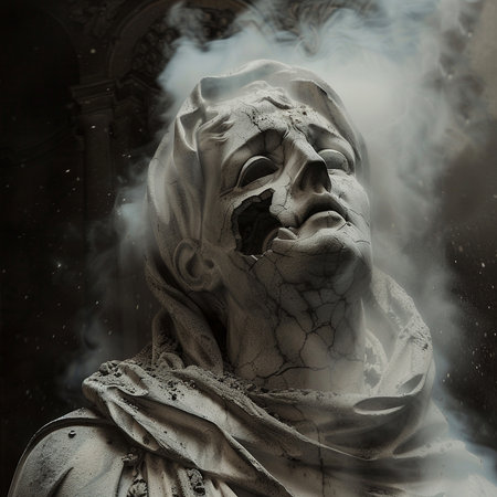 Sculpture of a man with a skull in the churchの素材