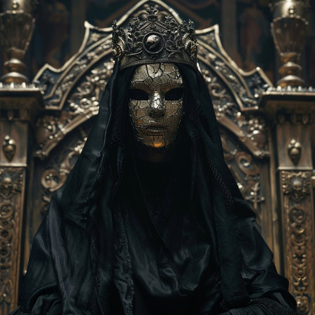 A portrait of a medieval knight in a black robe and a crown.の素材