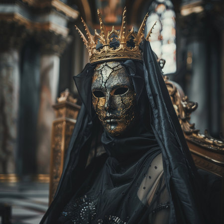 Beautiful woman in black medieval costume with golden crown in church.の素材