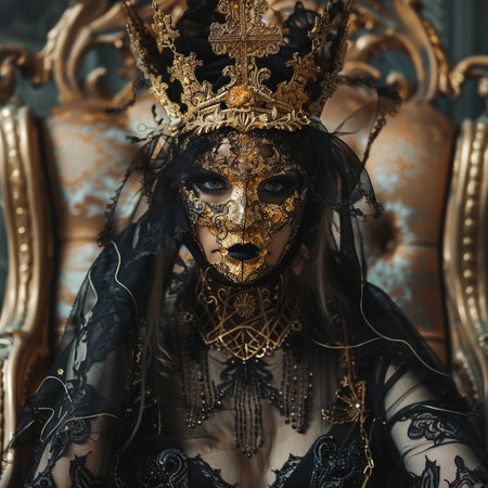 Beautiful woman in Venetian carnival mask with gold crownの素材