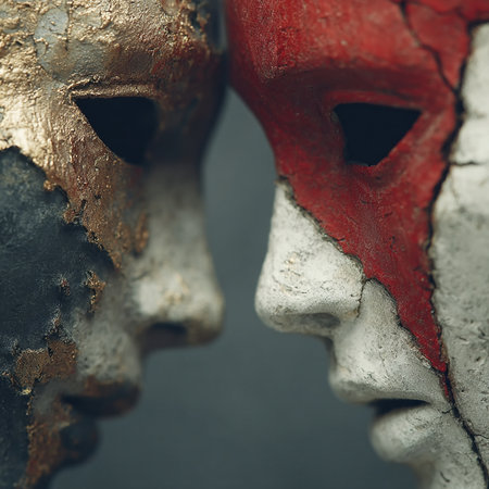 Two black and red metal masks on a dark background close-upの素材