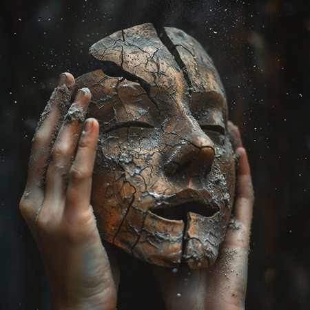 Woman's hands holding an old wooden mask on a dark background.の素材