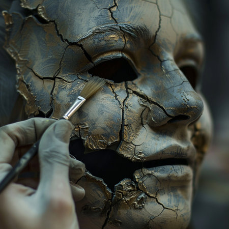 Artist paints a black mask on the face of a dead man.の素材