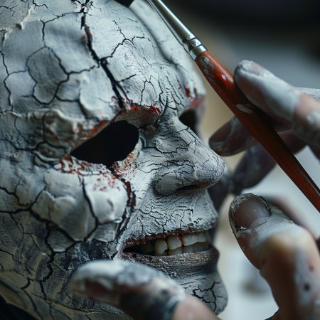 Close-up of a human skull with a paintbrush in his handの素材