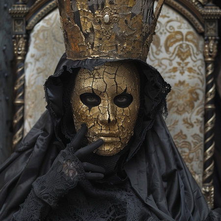Venetian carnival mask in a dark room with golden walls.の素材