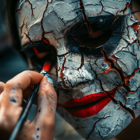Close up of a woman with Halloween makeup painting on her face.の素材