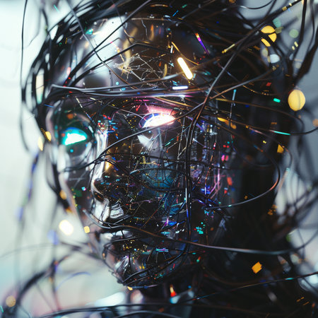 Artificial intelligence robot head with glowing neon lights. 3d renderingの素材