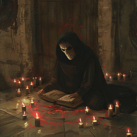 Man in death costume reading a book in the dark room with candlesの素材