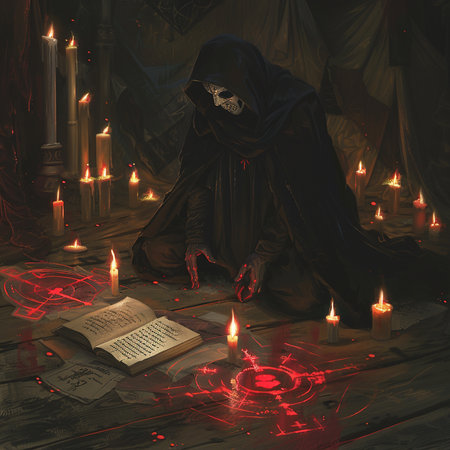 Man in death costume reading a holy bible in the dark room with candlesの素材