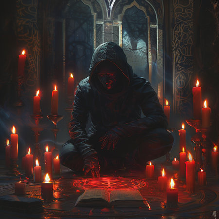Hooded man reading a book in a dark room with candlesの素材
