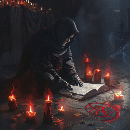 Halloween witch reading book in dark room with burning candles. Halloween concept.の素材