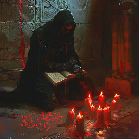 Man reading a book in the dark room with red candles around himの素材