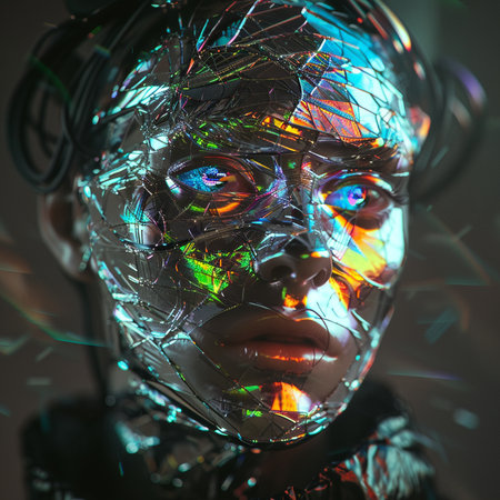 Futuristic cyber woman portrait with colored lights on her face.の素材