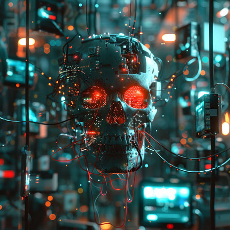 Artificial intelligence concept. Human skull with neon lights. 3d renderingの素材