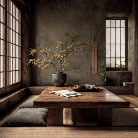 Interior of a Japanese style room with a large window and a wooden tableの素材