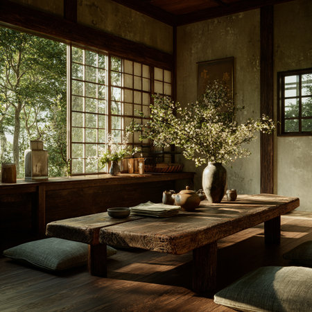 Interior of a living room with wooden furniture and a vase with flowersの素材