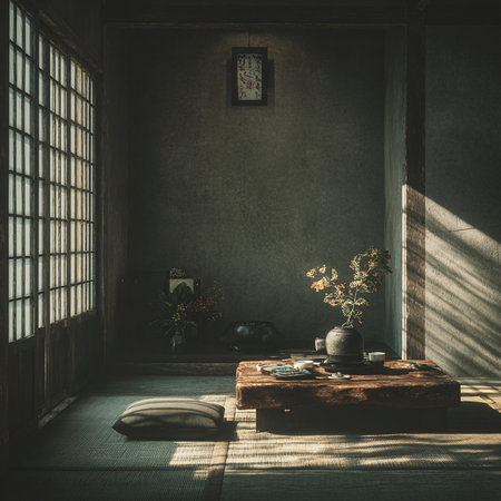 Interior of a Japanese style room with a large window and a vase of flowersの素材