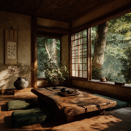 Japanese style room with a wooden table and a large window overlooking the forestの素材