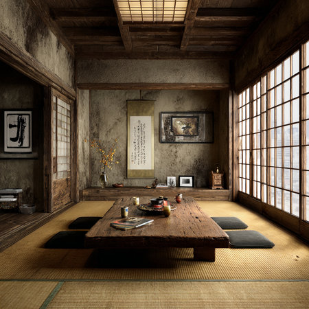 Japanese style room with traditional Japanese interior. 3D renderingの素材