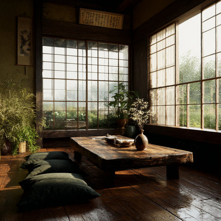 Interior of a Japanese style room with a large window and a wooden tableの素材