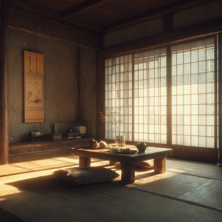 Interior of japanese room with wooden floor and window. 3d renderingの素材