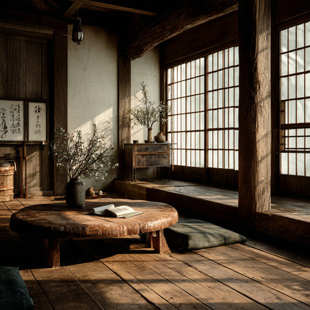 Japanese style room with wooden floor, Japanese style furniture and windowの素材