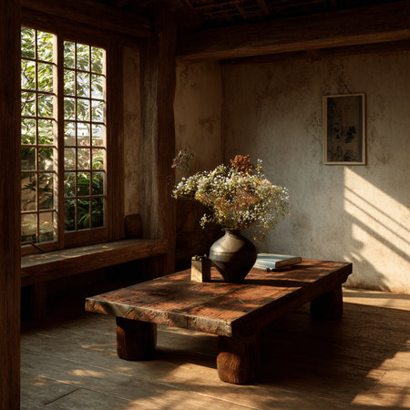 Interior of an old room with a wooden bench and a vase of flowersの素材