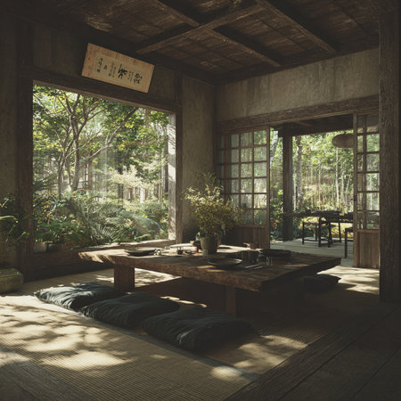 Wooden table and chairs in a Japanese style room, 3D renderingの素材