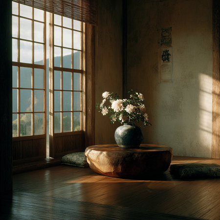 Interior of a room with a large window, a vase of flowers and a wooden floorの素材