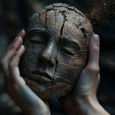 Woman's hands holding a carved wooden face on a dark background.の素材