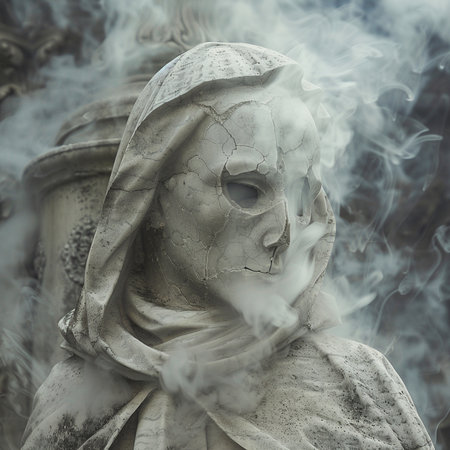 Grave of the dead with smoke coming out of the mouth.の素材