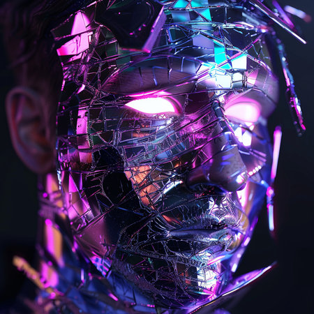Close-up portrait of a futuristic man in the neon light.の素材