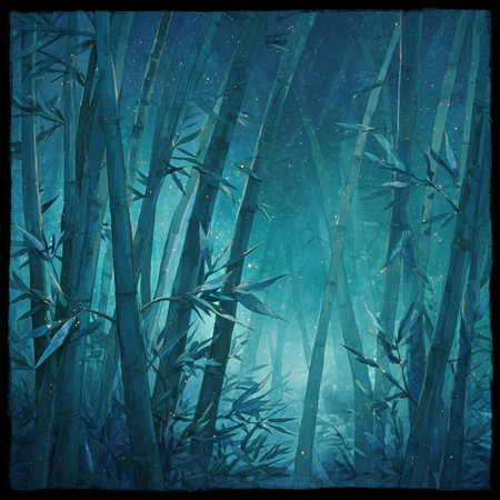 bamboo forest background with grunge texture and blue watercolor effectの素材