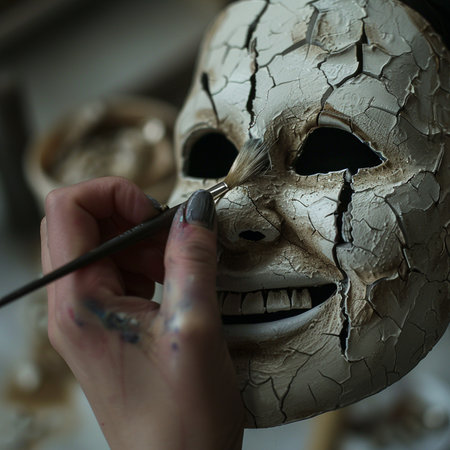 Female artist paints a skull in the studio, close-up.の素材