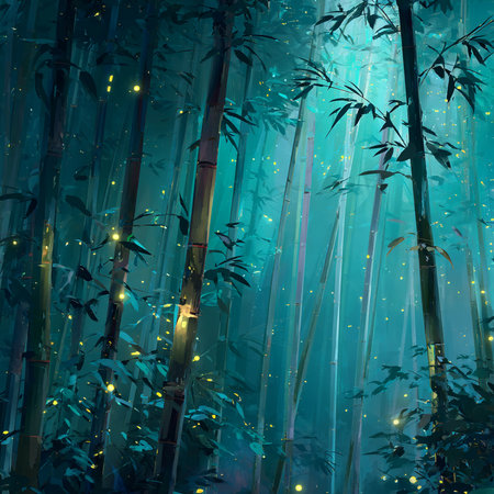 Illustration of a bamboo forest in a foggy night with lightsの素材