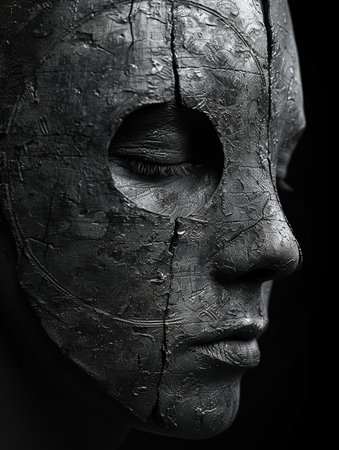 Close-up portrait of a woman's face with black paint.の素材