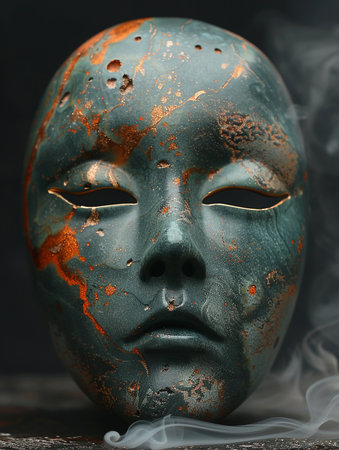 The face of a bronze mask on a black background with smoke.の素材