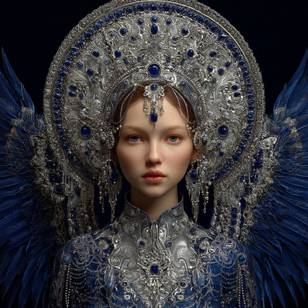 Portrait of a beautiful girl in a blue carnival costume with feathers.の素材