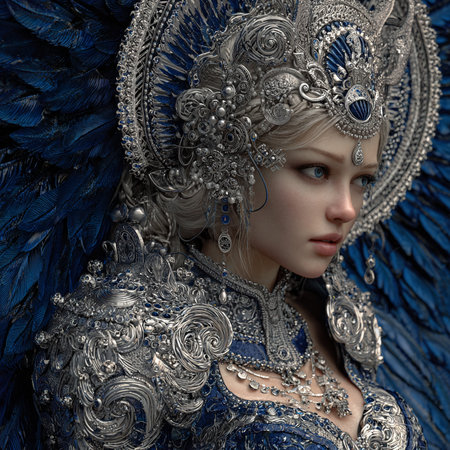 Portrait of a beautiful woman in a blue carnival costume.の素材