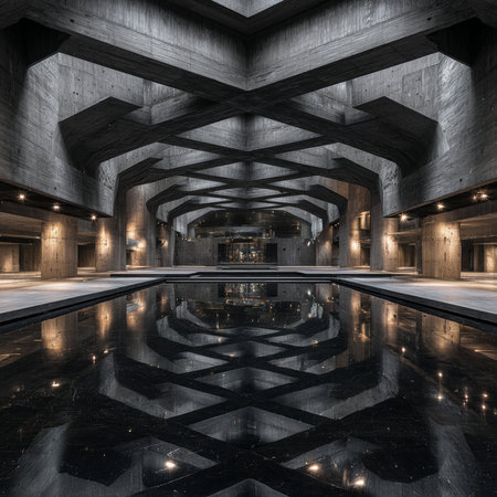 3d rendering of the interior of an old abandoned building with a marble floorの素材