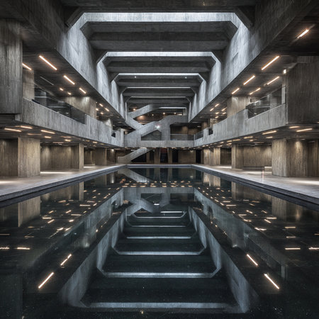 3D rendering of the interior of an office building with a poolの素材