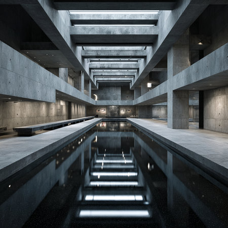 Modern architecture interior with swimming pool. 3d render concept illustration.の素材