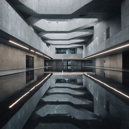 Abstract interior of modern office building with glass walls and concrete floor.の素材